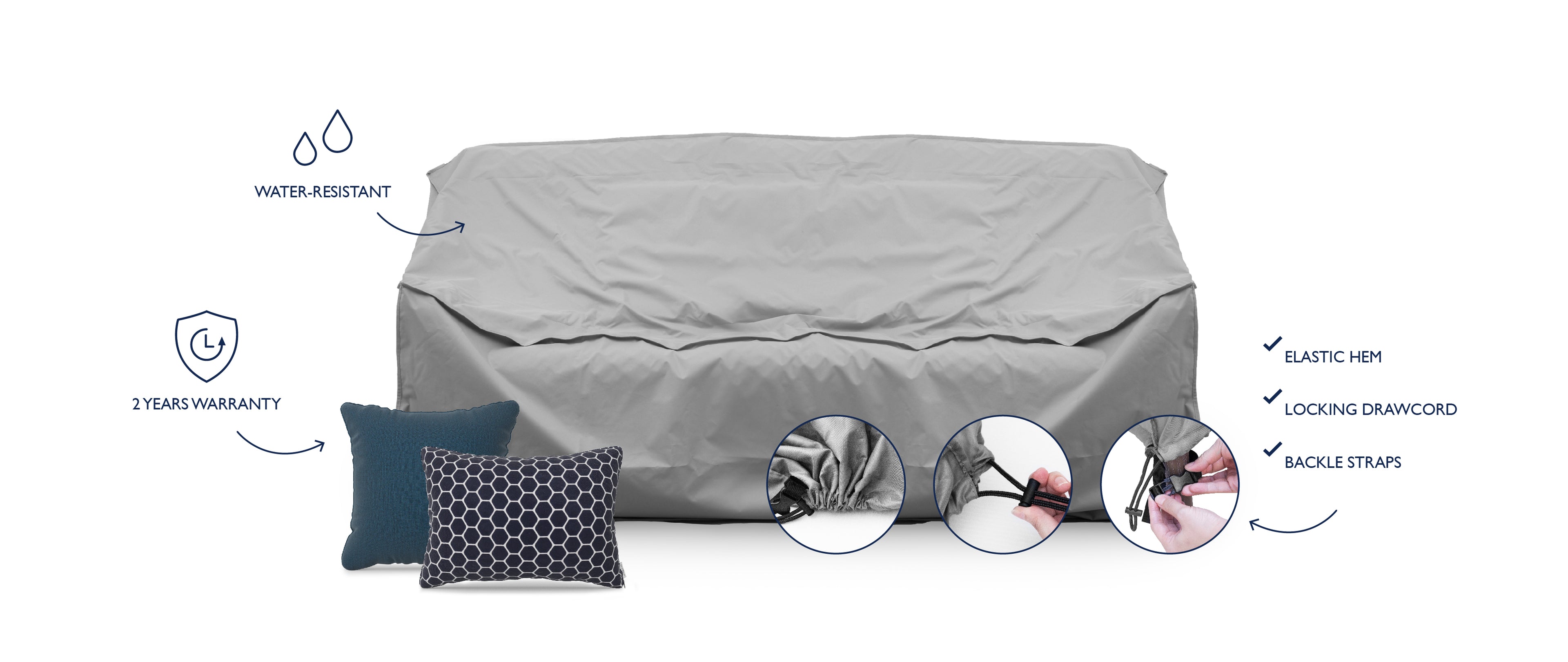 Pillow-to-Cover with cover over an outdoor sofa showcasing different features of the cover.